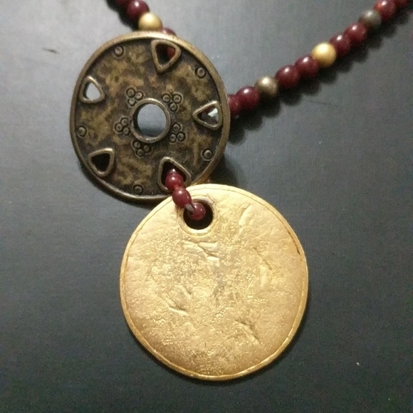 Gold Tone Disc with Dark Red Beaded Statement Necklace - Picture 5 of 5